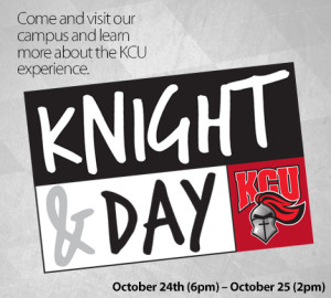 Poster featuring the text "KNIGHT & DAY" with the KCU logo, which includes a knight's helmet illustration, positioned on the right. The design uses bold, contrasting typography and colors.