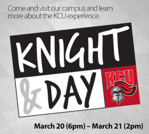 A sign that says "Knight & Day" with a logo of a knight's helmet and "KCU" in red next to it.