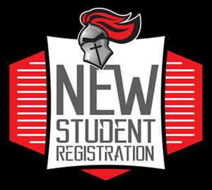 Logo for "New Student Registration" with a stylized knight's helmet and a red and white color scheme.