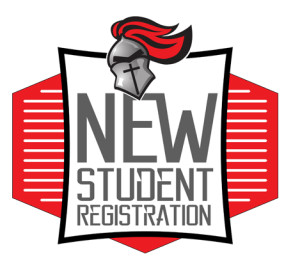 Graphic with a knight's helmet at the top and bold text that reads "New Student Registration" against a red and white background.