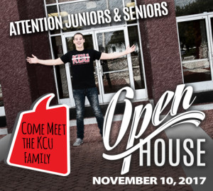 A person wearing a KCU shirt stands with arms outstretched in front of a building. Text reads: "Come Meet the KCU Family" and "Open House.