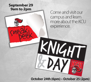 Two graphics promoting KCU events: "sneak peek" with a knight's helmet and "KNIGHT & DAY" with KCU logo.
