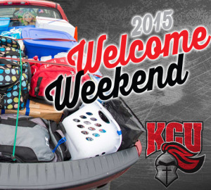 A collection of bags, coolers, and a blue laundry basket with the text "Welcome Weekend" and the logo "KCU" in the background.