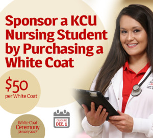 A nursing student in a white coat holds a clipboard. Text encourages sponsoring a red nursing student by purchasing a white coat for $50.