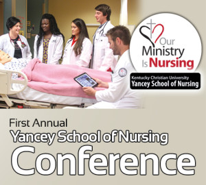 A group of nursing students stands around a hospital bed with a simulation mannequin, as one student holds a tablet. The text reads, "First Annual Yancey School of Nursing Confere" with logos above.