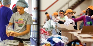 Volunteers package food and sort clothes at a community service event. People wear protective hair coverings and orange caps while working at separate stations.