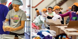Volunteers wearing hairnets and hats sort and package clothing and other items at a community event.