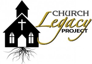 Logo of the Church Legacy Project featuring a black church with roots extending downward and the text "Church Legacy Project" in black and gold.