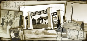 Sepia-toned collage featuring historic images of a Christian educational institute, including an entrance gate marked "Christian Normal Institute" and surrounding buildings.