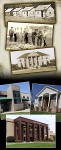 Collage of three buildings: a historical black-and-white photo of a two-story building with columns, a modern building with glass windows, and another modern building with a peaked roof and columns.
