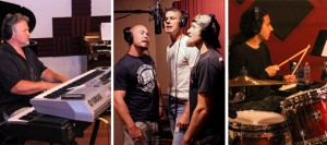 Three images: a man playing a keyboard, three men singing into a single microphone, and a drummer playing a drum set, all wearing headphones in a recording studio.