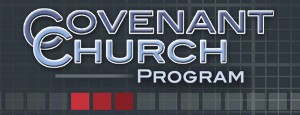 Logo of Covenant Church Program with overlapping initials 'C' and 'E', featuring a grid background and red squares at the bottom.