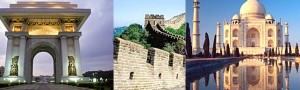 Three landmarks: Arch of Triumph in Pyongyang, Great Wall of China, and the Taj Mahal in Agra, displayed side by side.