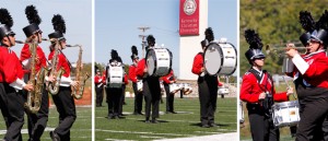 A marching band performs on a football field. Members play various instruments, including saxophones, drums, and trumpets. Kentucky Christian University signage is visible in the background.
