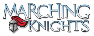 Marching Knights" logo featuring text with a knight's helmet and red plume graphic.