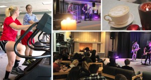 A collage showing two people exercising, a live band performing, a close-up of a cappuccino, and a group of people watching a different band perform in a cozy room with a fireplace and candles.
