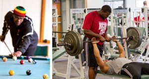Left: Person in a multicolored hat playing pool. Right: Person in a red shirt assisting another person with a bench press in a gym.