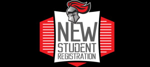 Logo for new student registration, featuring a knight's helmet above the text on a black background with red and white accents.