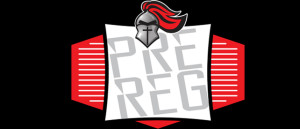 Logo with a knight's helmet and red plume above the bold text "PRE REG" in gray, set against a red and black background.