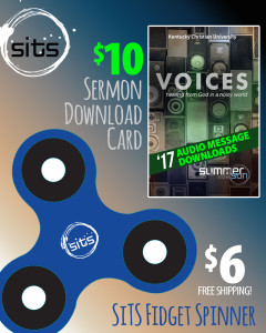 Image of a blue fidget spinner and a download card with a green label reading '17 AUDIO MESSAGE DOWNLOADS' for an event called Summer in the Son. Background features circular speaker designs.
