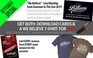Promotional image advertising a special offer: get two download cards and a "We Believe" T-shirt for $30, with a bonus 5-in-1 carabiner keychain and free shipping included.