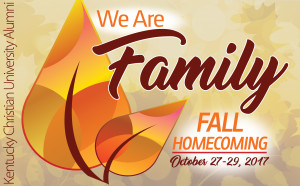 Join us for the "Family Fall Homecoming Celebration" by Kentucky Christian University Alumni, featuring beautiful autumn leaf graphics.