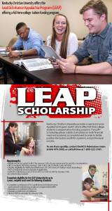 Banner for the LEAP Scholarship at Kentucky Christian University, detailing the Lead & Enhance Appalachia Program (LEAP) offered to full-time college students. Don't miss out on this opportunity—contact Admissions today!