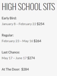 Pricing table for an event: Early Bird (January 8 – February 22) $254, Regular (February 23 – May 16) $264, Last Chance (May 17 – June 17) $274.