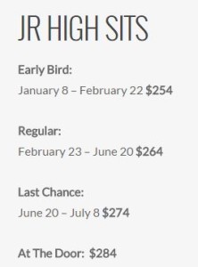 Text showing pricing deadlines for an event: Early Bird $254 by Jan 8-Feb 22, Regular $264 from Feb 23-Jun 20, and Last Chance $274 from Jun 20-Jul 8.