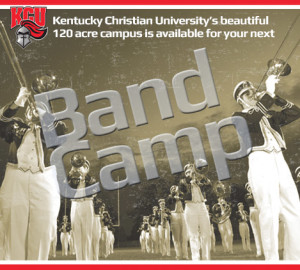 Sepia-toned image of a marching band playing brass instruments with the text "Band Camp Admissions" superimposed in large letters across the image.