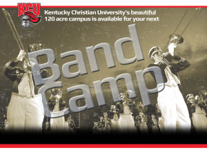 A group of musicians in uniform play their instruments, with the words "Band Camp Admissions" prominently overlaid in large lettering.
