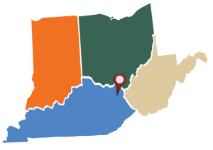 A map highlighting the bordering regions of Ohio (in green), Indiana (in orange), Kentucky (in blue), and West Virginia (in beige) with a red location pin on the southern border of Ohio and Kentucky, showcasing key admissions points for prospective students.