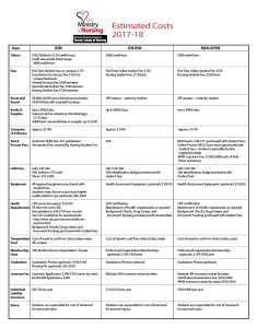A chart detailing various expenses related to a nursing program, including costs for books, software, tests, uniforms, equipment, and health requirements among others.