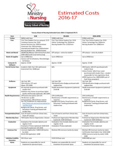 A table detailing various college-related expenses including room and board, books and supplies, computer and software fees, uniforms, equipment, and health requirements with associated costs.