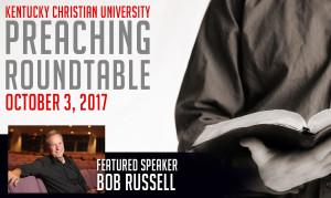 Event poster with the title "Preaching Roundtable" dated October 3, 2017. Features an image of a person holding an open book and includes a small inset photo of the featured speaker.