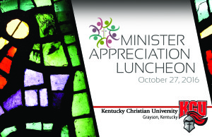 Stained glass design with text overlay. The text reads "Minister Appreciation Luncheon, October 27, 2016, Kentucky Christian University" with a colorful abstract logo of people holding hands.