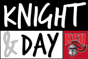 Black and white graphic with the text "KNIGHT & DAY" and a red logo featuring "KCU" with a knight's helmet.