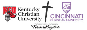 Logos of Kentucky Christian University and Cincinnati Christian University with a cross in between, along with the slogan "Two Universities - One Mission Forward Together.