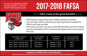 Informational graphic for KCU outlining FAFSA benefits, including alignment with college admission timelines and use of IRS Data Retrieval Tool. A table showing FAFSA submission and availability dates is also present.