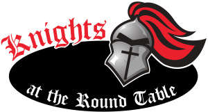 Logo featuring a knight's helmet with a red plume, accompanied by the text "Knights at the Round Table" in stylized font.