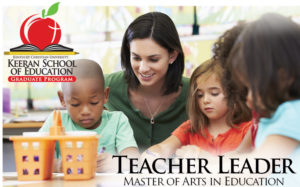A teacher assists three young children with a craft activity at a table. The text "Keeran School of Education Graduate Program" and the logo of Kentucky Christian University are displayed.